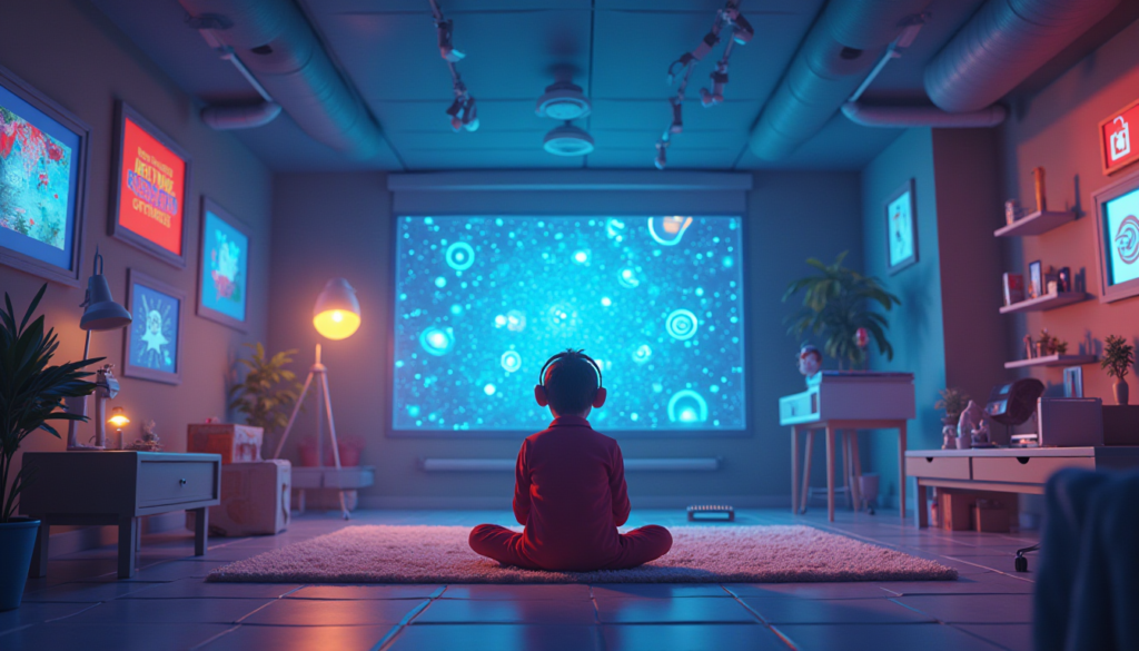 An boy looking at a futuristic screen.